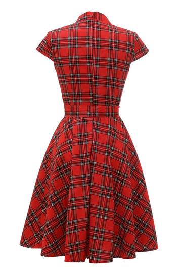 Vestido vermelho plaid vintage plus com bowknot
